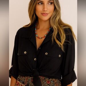 R.Q.T. Button Up Roll Tab Sleeve Black Long Sleeve Blouse Woman 1X